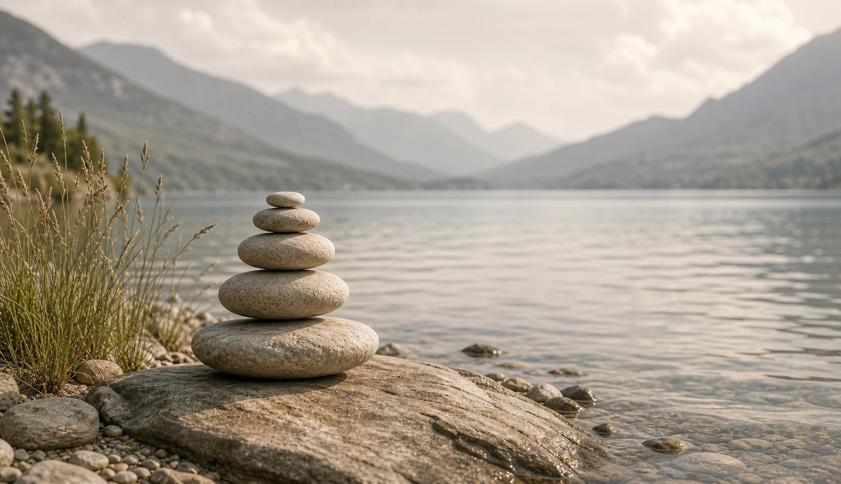 Balanced stones beside a calm mountain lake