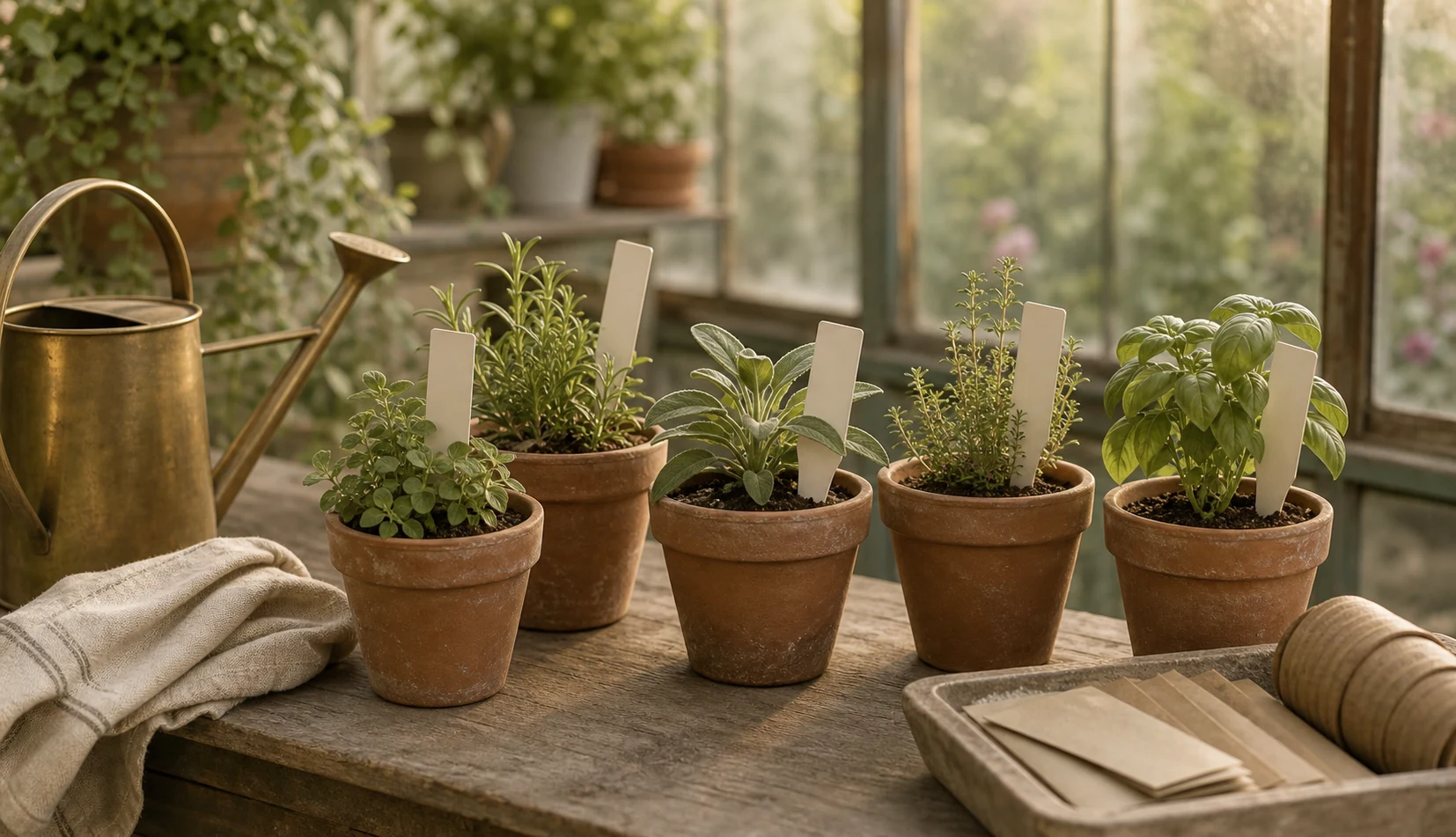 Potted herbs with blank markers on a greenhouse bench